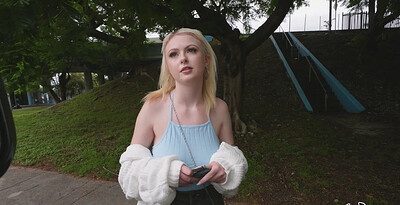 She flashed her tits for money, then got naked on the bus and rode Peter's cock in multiple positions until he came on her face.