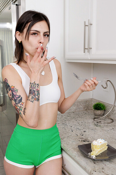 Angel Windell puts cake on her nipples and pie on her pussy for her stepbrother.