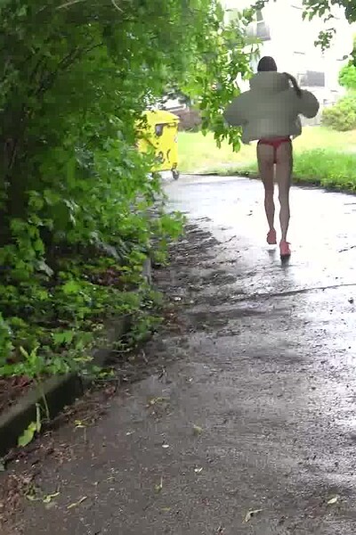 Dragon Fruit squats, pulls down her panties, and pisses while holding onto the ground.