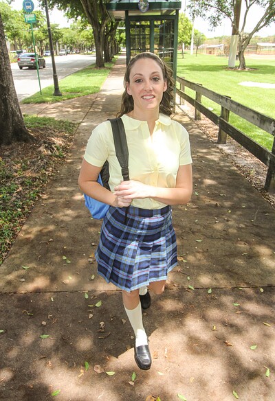 Melanie Hicks in Melanie Hicks Schoolgirl fingers herself in public from 