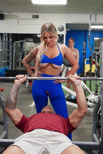 Madalina Moon and Kali Roses give Mike Ox a public gym fuck.